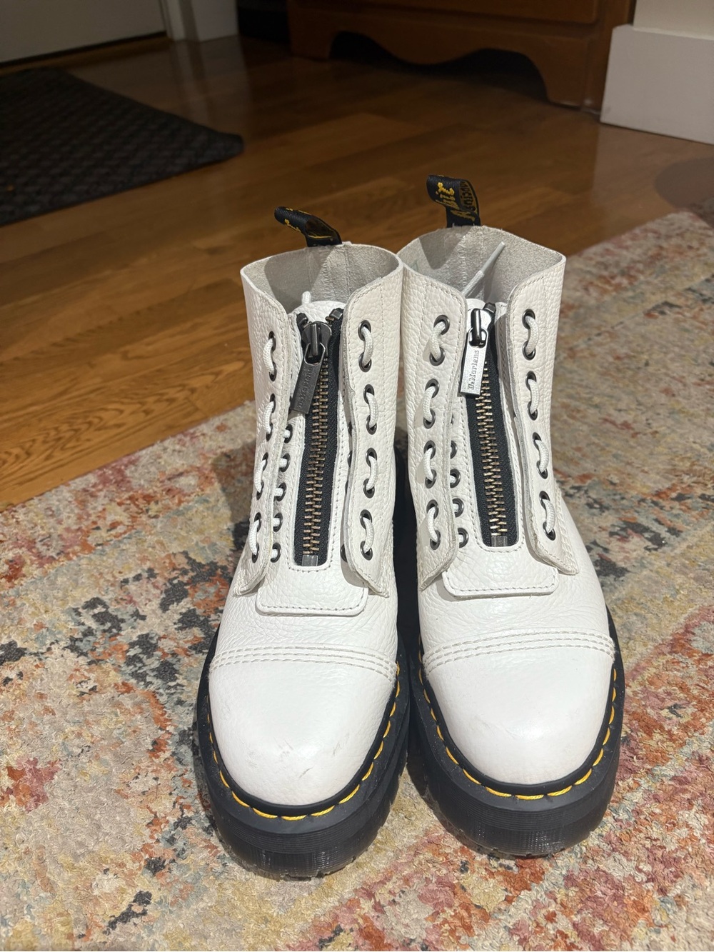 Dr. Martens White Leather Zip Lace-Up Platform Boots with Yellow Stitching
